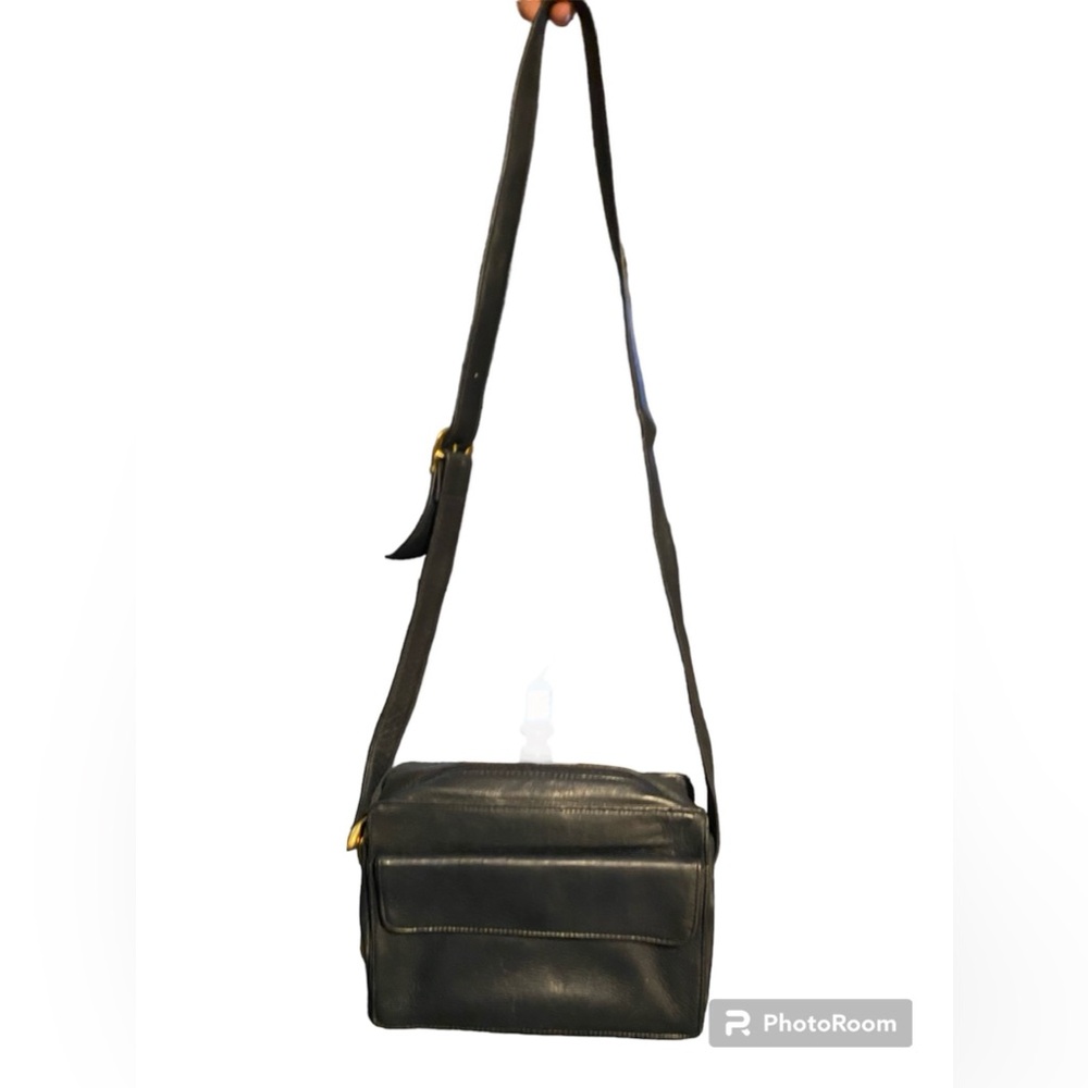 VINTAGE ARCHITECT CROSSBODY BAG GENUINE LEATHER NAVY & GOLD TONE METAL HARDWARE